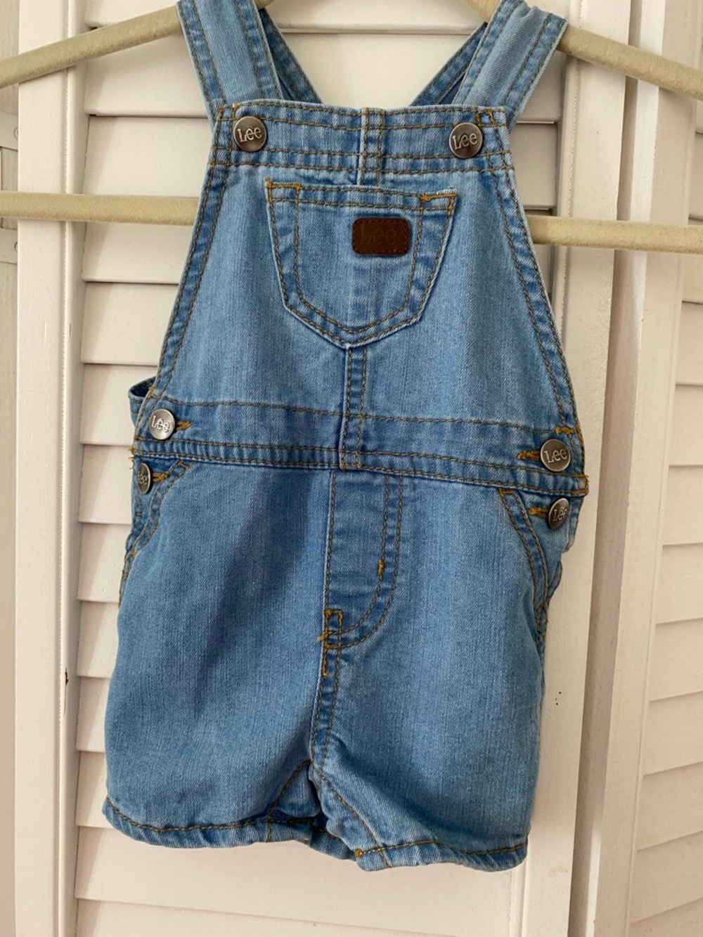 Lee Baby Vintage “Overalls Denim Shorts” Size 6-9mo Lt Blue Logos Snap Leg EUC